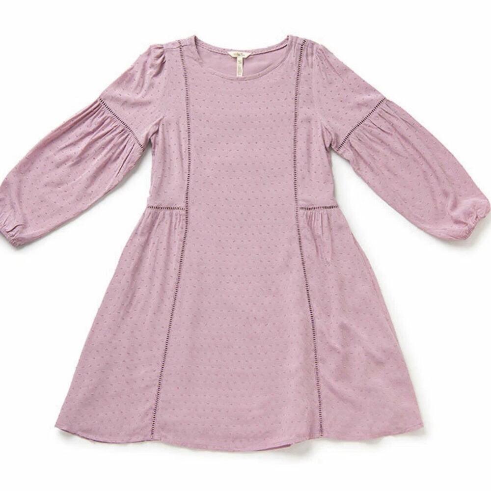 Matilda Jane Turn On The Charm Sheath Dress Women Sz L Lilac Swiss Dots Pleated